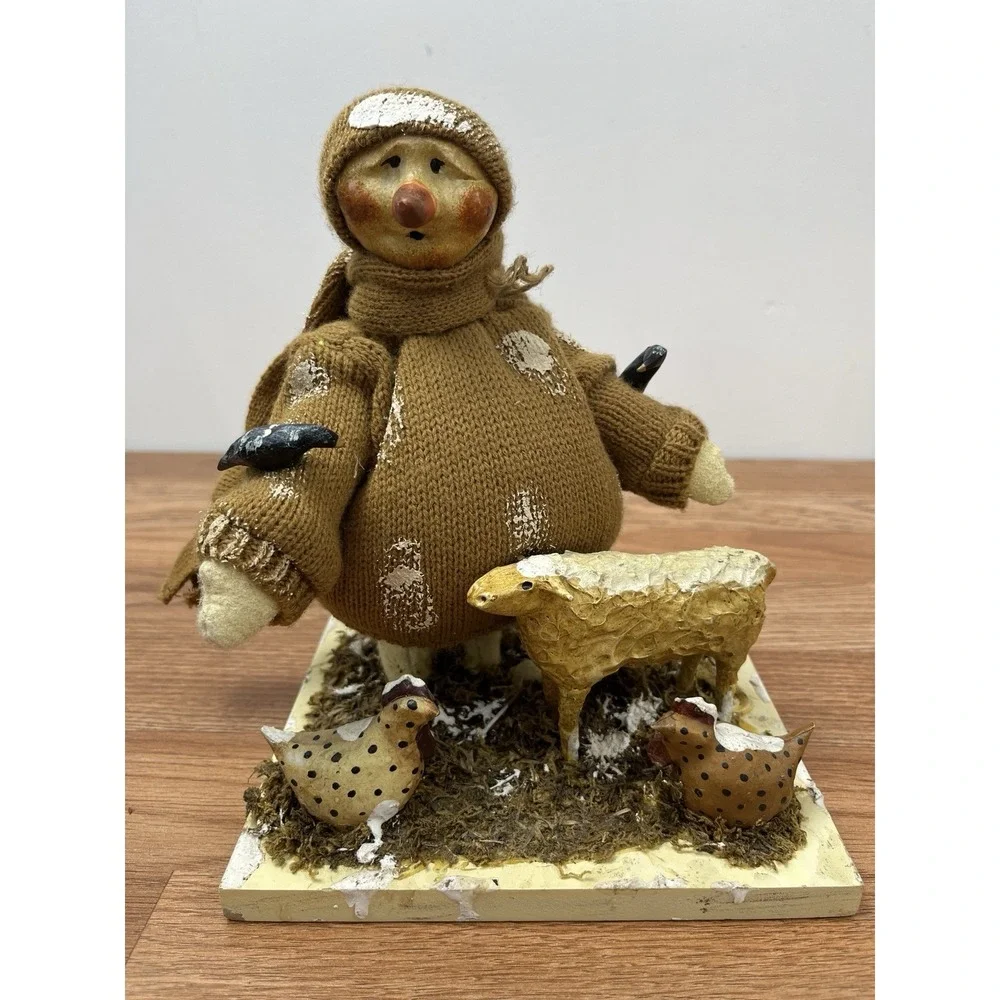Folk Art Mixed Media Snowman with Farm Animal Friends Sheep Chickens Birds